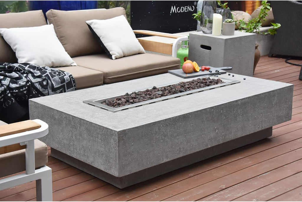 Hampton Concrete Fire Pit 56" X 32" Outdoor Patio Firepit Includes Lava Rocks Modern Fire Pits & Outdoor Fireplaces for Garden, Deck, Indoor & Outdoor Heating