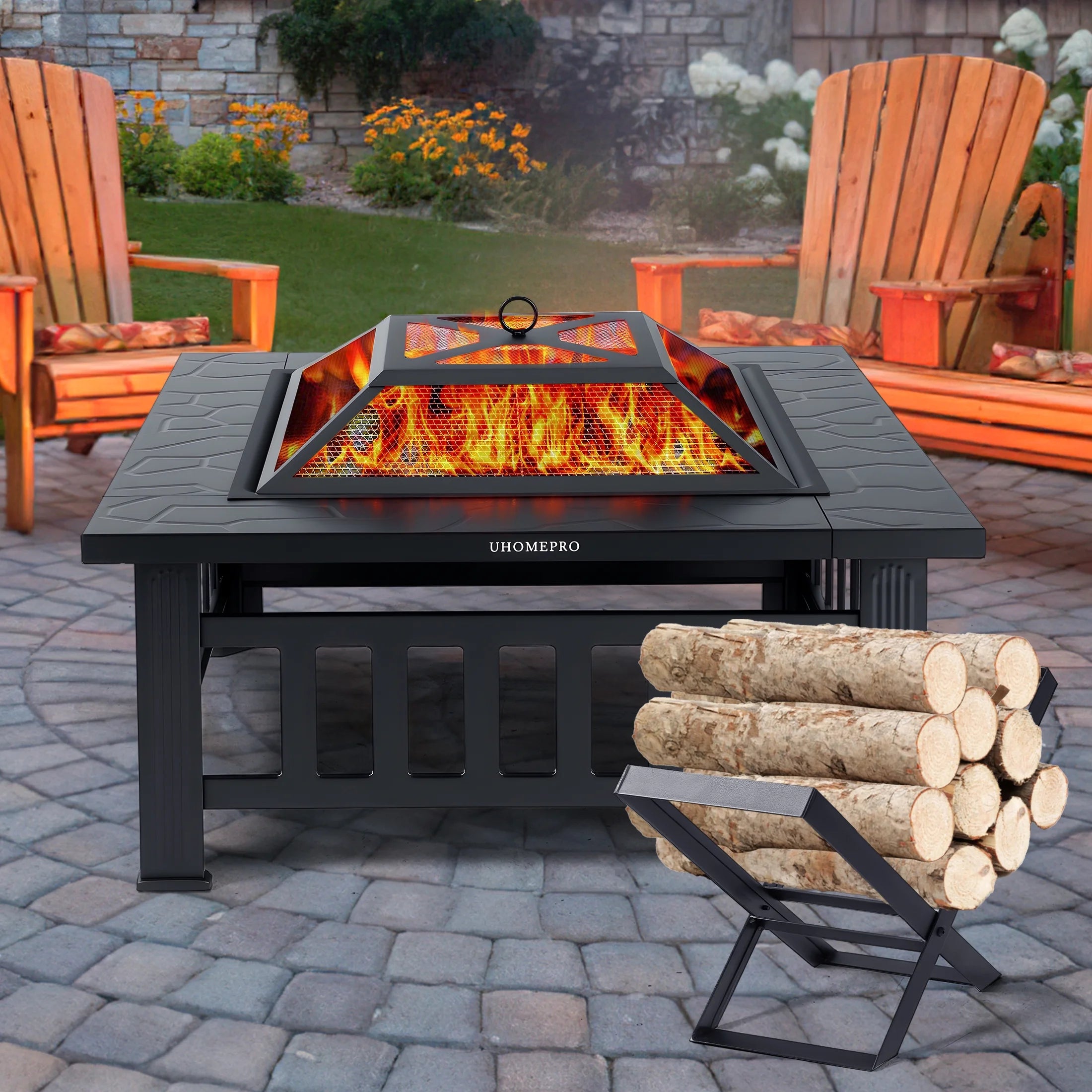 Fire Pits for Outside, 32" Wood Burning Fire Pit Tables with Firewood Rack, Screen Lid, Poker, BBQ Net, Food Clip and Cover, Backyard Patio Garden Outdoor Fire Pit BBQ Fire Pit, Black