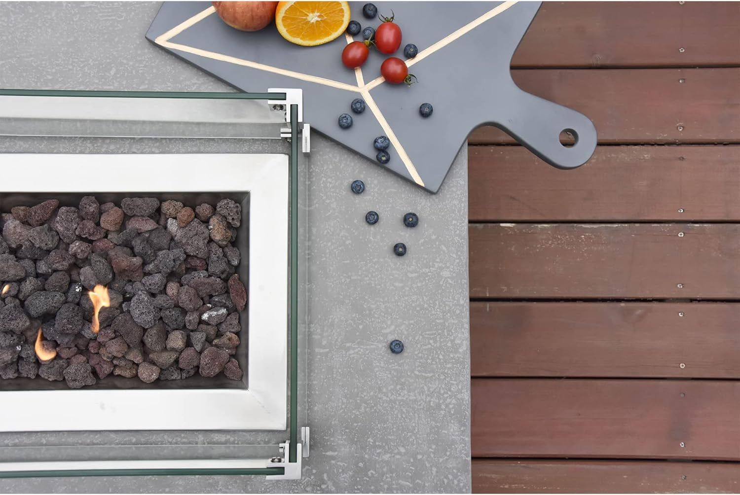 Hampton Concrete Fire Pit 56" X 32" Outdoor Patio Firepit Includes Lava Rocks Modern Fire Pits & Outdoor Fireplaces for Garden, Deck, Indoor & Outdoor Heating