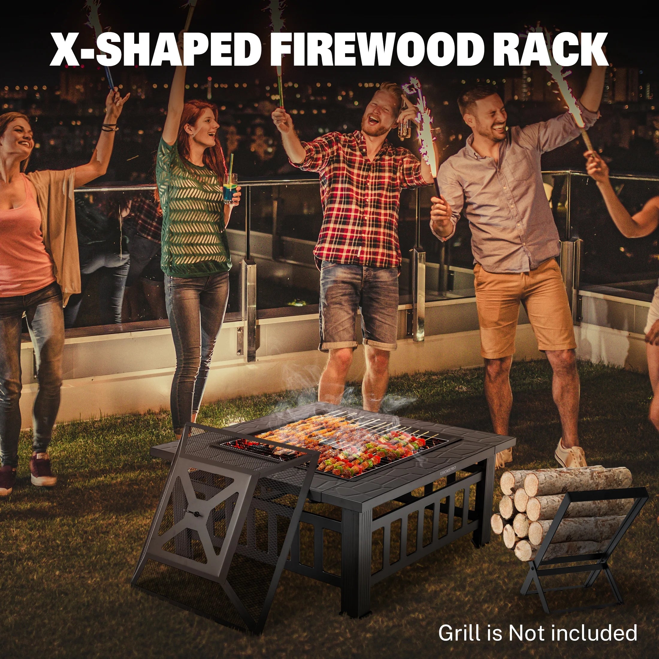 Fire Pits for Outside, 32" Wood Burning Fire Pit Tables with Firewood Rack, Screen Lid, Poker, BBQ Net, Food Clip and Cover, Backyard Patio Garden Outdoor Fire Pit BBQ Fire Pit, Black