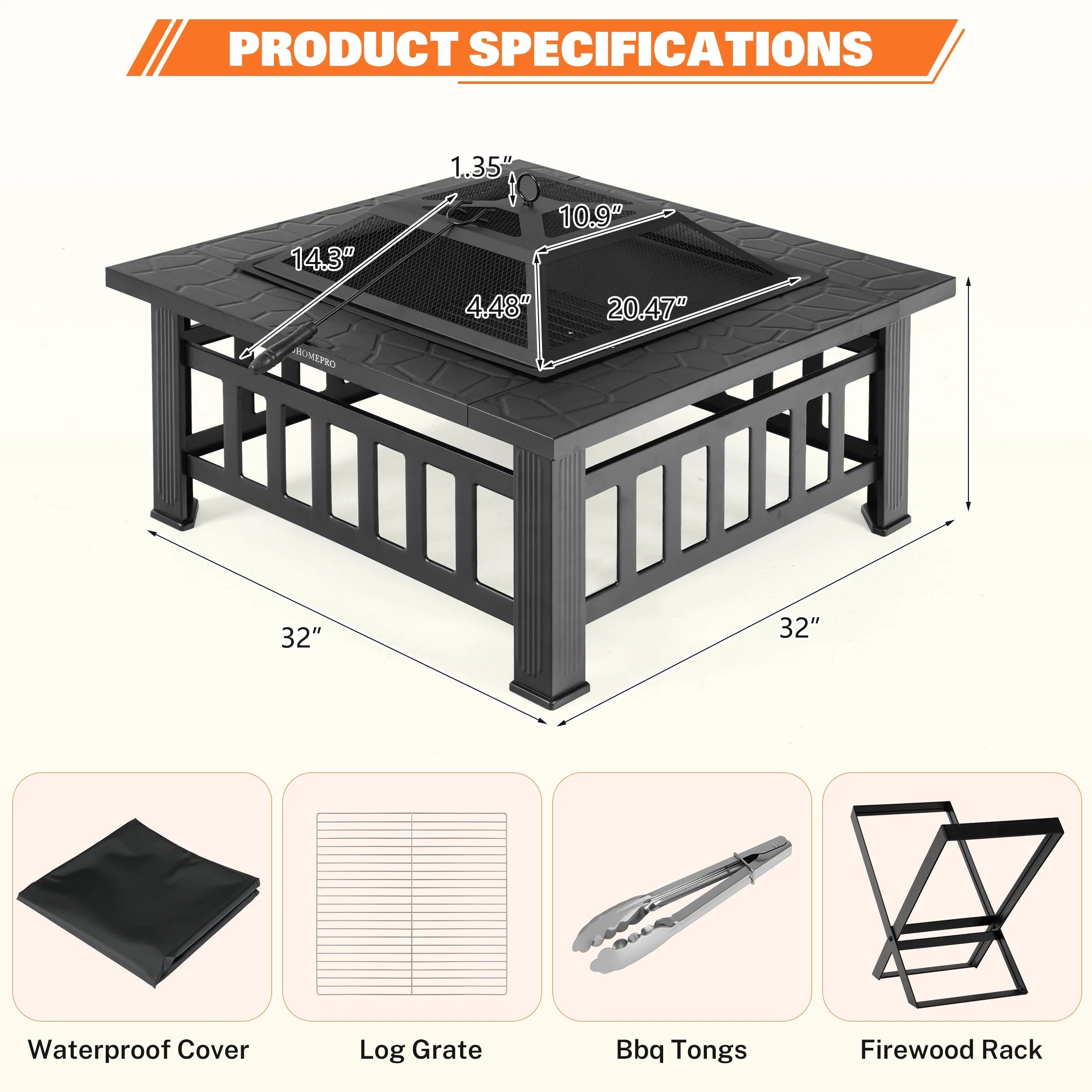 Fire Pits for Outside, 32" Wood Burning Fire Pit Tables with Firewood Rack, Screen Lid, Poker, BBQ Net, Food Clip and Cover, Backyard Patio Garden Outdoor Fire Pit BBQ Fire Pit, Black