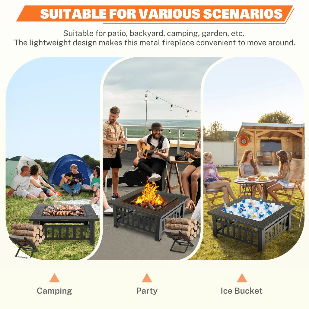 Fire Pits for Outside, 32" Wood Burning Fire Pit Tables with Firewood Rack, Screen Lid, Poker, BBQ Net, Food Clip and Cover, Backyard Patio Garden Outdoor Fire Pit BBQ Fire Pit, Black