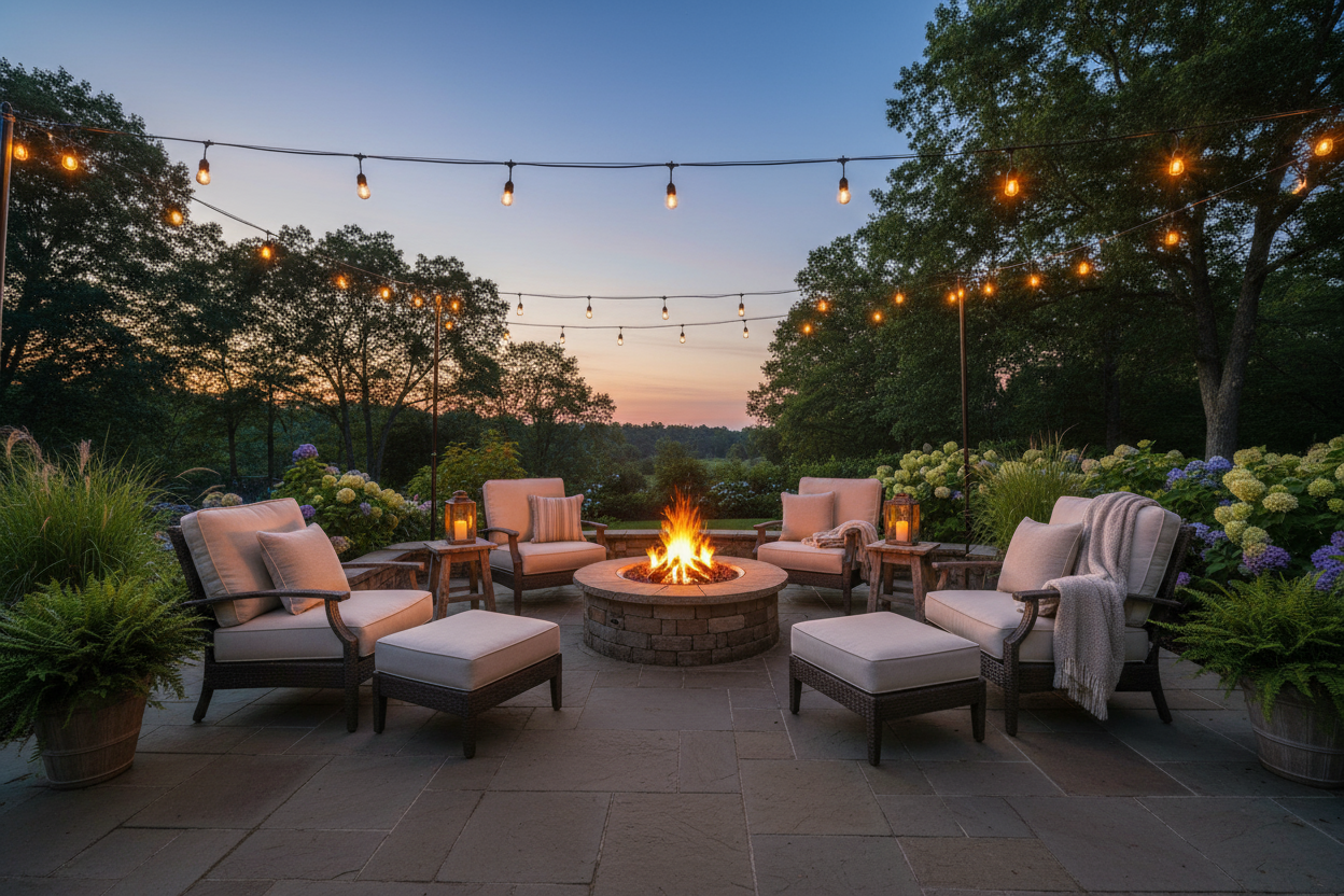 I want an outside patio style picture with a firepit in the middle 