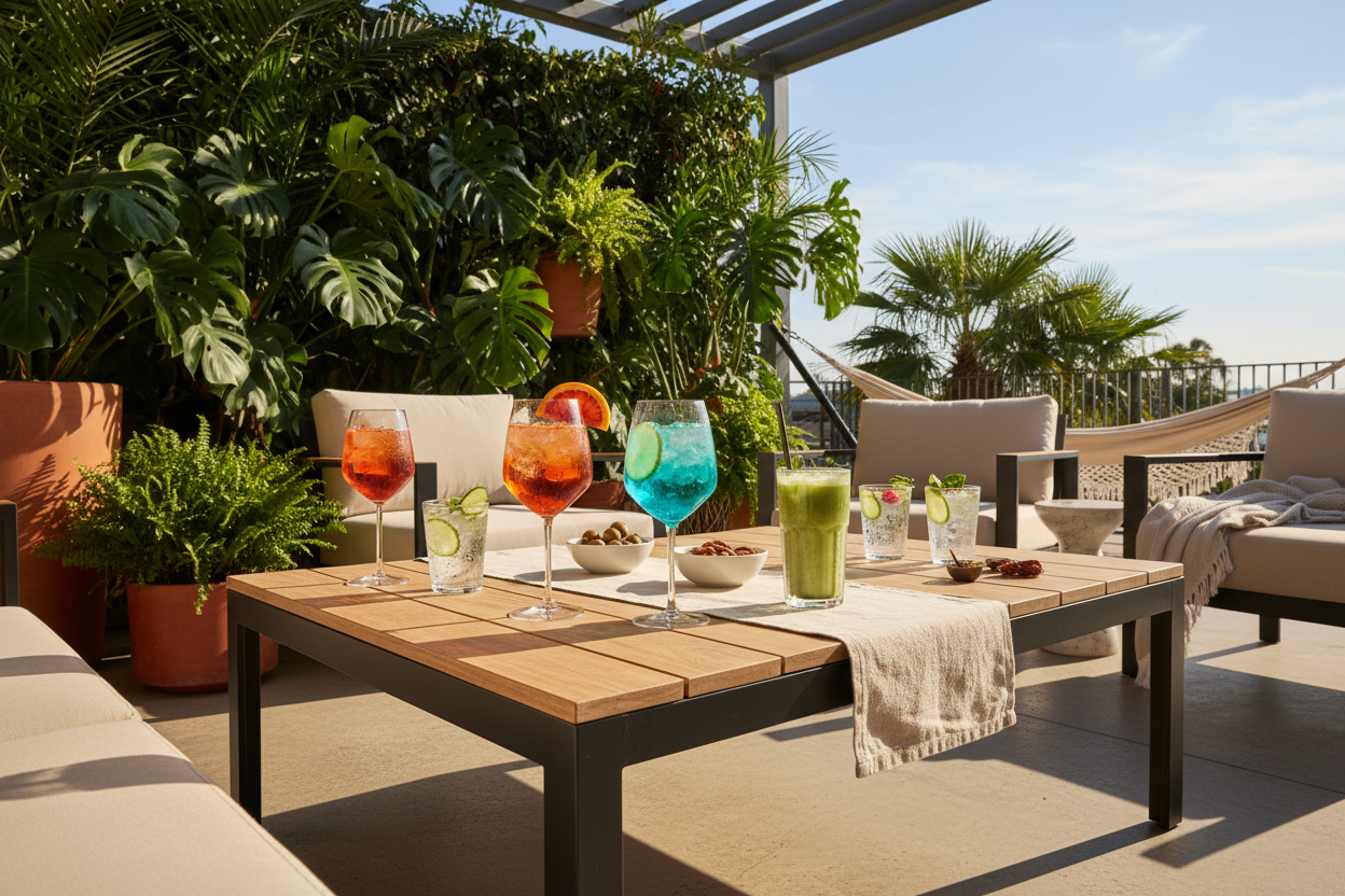 outdoor sunny pic of patio with drinks on table for asthetic